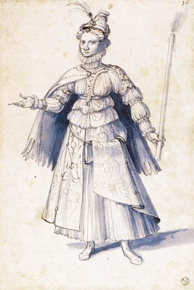 Kostuumtekening van een vrouw met fakkel door Giuseppe Arcimboldo